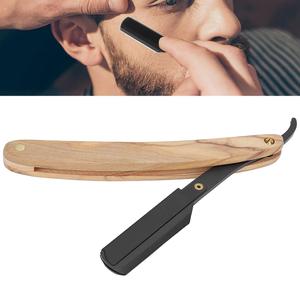 Navaja de afeitar manual plegable de acero inoxidable portátil para el cuidado facial, cuchilla recta con mango de madera natural marrón - Product Image 4