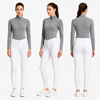 Haut de sport gris pour femme, col montant zippé, respirant, anti-humidité, avec empiècements en mesh, manches longues, pour l'équitation et l'entraînement