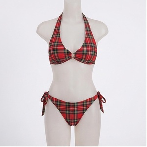 Ensemble bikini à carreaux pour femmes, col halter, liens latéraux, maillot de bain deux pièces, extensible, en polyester et élasthanne, à motifs - Product Image 1