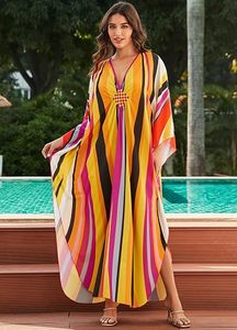 V Neck Maxi Abaya Dress Long Sleeve Loose Fit Geometric Pattern Polyester Women's Beach Bohemia Style Summer Modest Wear - Product Image 5