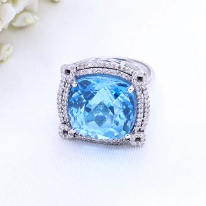 Comprar lujoso anillo de joyería de mujer de plata de ley sólida 925 hecho a mano Topacio azul natural piedra preciosa diamante para boda IGI - Product Image 3