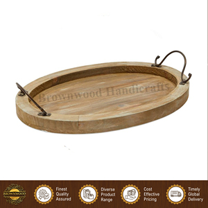 Plateau de service ovale en bois de manguier rustique avec poignées en métal, fait main, décoratif, brun clair, pour usage domestique à prix abordable - Product Image 3