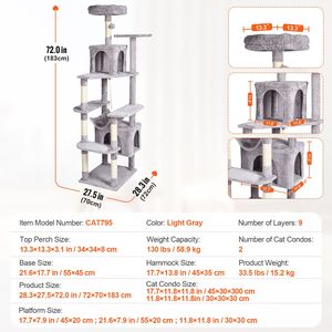 72\" Indoor <b>Cat</b> <b>Tree</b> Tower with 2 Condos Sisal <b>Scratching</b> Post Hammock Top Perch Jumping Platforms for Large <b>Cats</b> - Product Image 2