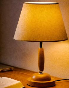 Scandinavian Wood Table Lamp With Beige Linen Bell Shade - Product Image 1