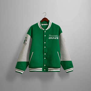 เสื้อแจ็คเก็ตวาร์ซิตี้สีเขียวสำหรับผู้หญิง ผ้าขนสัตว์ผสม แจ็คเก็ตเบสบอลแบบ Letterman สำหรับวิทยาลัย แขนเสื้อตัดสี  โลโก้สั่งทำได้ รับผลิตแบบ OEM - Product Image 5