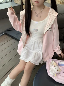 Sweat-shirts à capuche zippés pour femme, imprimé floral chat Kawaii vert, veste fine rose, vêtements de printemps et d'automne, streetwear mignon - Product Image 4