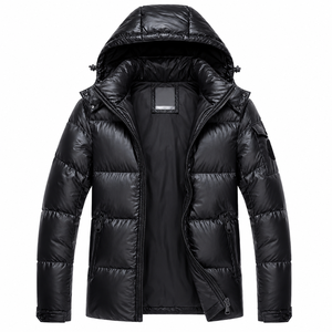 Men's Black Eco-friendly Puffer <b>Jacket</b> Cotton Filled Windproof Zipper Closure Casual <b>Winter</b> Wear Solid Color Regular Fit Front - Product Image 3