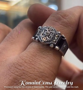 Bague en argent sterling fait main avec onyx noir |   Bague vintage à motif floral gravé - Product Image 6