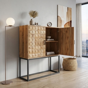 Dice Tall Storage Drawers Home Organization Solid Wood Organizer <b>Cart</b> With 3D Geometric Carved Doors And A Black Metal Base Unit - Product Image 3