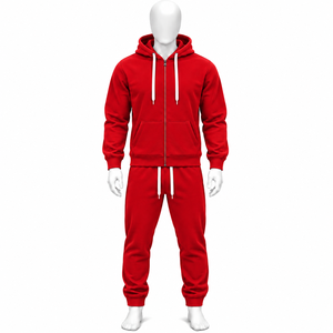 Ensemble de survêtement pour homme, rouge uni, avec fermeture éclair et capuche, et pantalon de jogging à cordon - Product Image 1