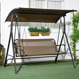Dondolo da Esterno a 3 Posti Stile Moderno con Tettuccio Inclinabile Regolabile, Struttura in Acciaio e Tessuto Marrone - Per Giardino o Patio - Product Image 2