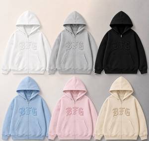 Sweat à capuche zippé brodé BFG unisexe coupe classique en molleton bouclette pour l'automne – Blanc, Gris, Noir, Bleu, Rose, Beige - Product Image 1