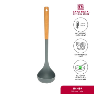 Jaya Mata JM489 Silicone Serving <b>Ladle</b> 240C Heat Resistant Non Scratch Soup Spoon <b>Wooden</b> Handle Daily Cooking Dishwasher Oven - Product Image 2