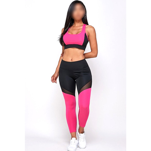 ราคาขายส่ง ชุดออกกำลังกายผู้หญิง 2 ชิ้น สีชมพูและสีดำ ดีไซน์บล็อกสี คุณภาพพรีเมียมใหม่ล่าสุด เสื้อชั้นในและกางเกงเลกกิ้ง - Product Image 1