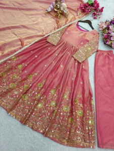 Fendy Satin Silk <b>Sequin</b> Gown Padded <b>Top</b> Elastic Pants Lace Border Dupatta Stitched Women Three Piece Salwar Suit Set - Product Image 2
