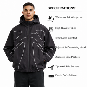 Custom Logo <b>Men</b> Hooded Windbreaker <b>Jacket</b> Black <b>Reflective</b> Piping Lightweight Streetwear Outerwear OEM Supplier <b>men's</b> <b>jackets</b> - Product Image 2