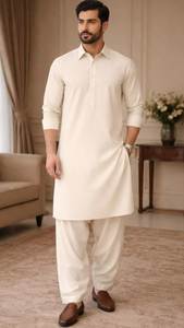 <b>Men</b> Cream Cotton <b>Kurta</b> Pajama Set Regular Fit Ankle-Length Traditional Casual Wear India Pakistan Style - Product Image 5