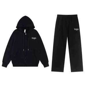 Unisex Solid Color Hooded Tracksuit Full Zipper Casual Sweatshirt and Pants <b>Set</b> Loose Fit Autumn Wear - Product Image 5
