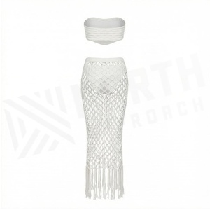 White Crocheted 2 Piece <b>Set</b> Bandeau Top With Hollow Out <b>Skirt</b> Tassel Detail Women's <b>Bikini</b> Beachwear - Product Image 2