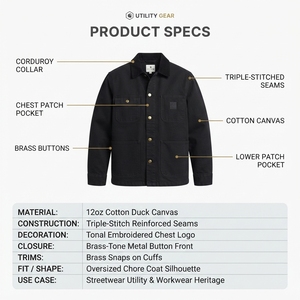 Black Cotton Twill <b>Chore</b> Coat Workwear <b>Jacket</b> European Streetwear Custom Label OEM Straight Hem Patch Pockets Tonal Workwear - Product Image 5