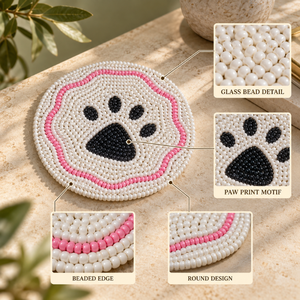 Premium <b>Glass</b> Beaded Paw Print <b>Coaster</b> for Dining Table | Decorative Round Drink Mat for Kitchen Home Decor Tabletop Accessories - Product Image 4