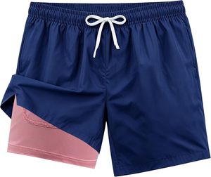 Shorts de bain décontractés pour hommes, bleu marine, couleur unie, séchage rapide, taille à cordon de serrage, avec doublure intérieure rose, confortables - Product Image 1