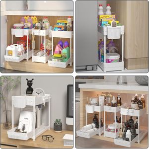 Set di 3 Cassetti e Carrelli Portaoggetti in Plastica a 2 Livelli, Organizzatori per Lavello di Cucina e Bagno, Cassetti Scorrevoli per Facile Organizzazione - Product Image 6