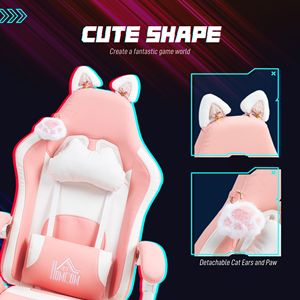 Sedia da gaming regolabile in altezza con poggiapiedi girevole, poggiatesta e supporto lombare in similpelle rosa - Product Image 4
