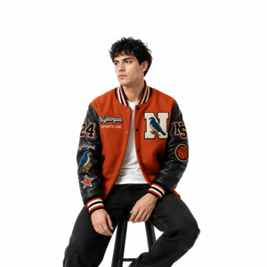 Chaqueta Varsity Letterman de Invierno al por Mayor, Cuerpo de Lana, Bordado Personalizado, Estilo Béisbol, Cuello Alto, Mangas Delanteras de Cuero - Product Image 3