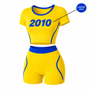 ชุดเซ็ตเสื้อครอปแขนสั้นกับกางเกงขาสั้นเอวสูงพิมพ์ลายสีเหลืองน้ำเงินสไตล์สปอร์ต 2 ชิ้น ของ Cosh International Sorority Sisterhood - Product Image 1