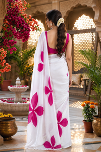 Sari en coton blanc à imprimé floral rose, tenue traditionnelle indienne pour mariage, longueur ras du sol, coupe classique, sans plis, style Bollywood - Product Image 3
