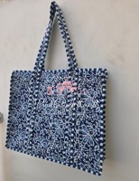 Tas Tote Bohemian Katun Motif Bunga Cetak Tangan Indigo Elegan untuk Wanita, Quilting Kantha, Pegangan Bergaris, Kualitas Tinggi