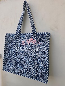 Elegant Indigo Hand Block Printed Cotton Bohemian Tote Bag Kantha Quilting Striped Handles Open High Quality <b>Shoulder</b> <b>Straps</b> - Product Image 5