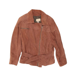 Chaqueta de Motera Vintage para Mujer en Gamuza Marrón con Cinturón Ajustable y Cuello de Solapa - Product Image 1