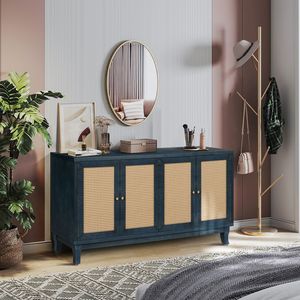 Premium Handcrafted Grain Panel Accent <b>Storage</b> Cabinet with 4 Rattan Doors Modern Living Room <b>Sideboard</b> Buffer Cabinet - Product Image 4