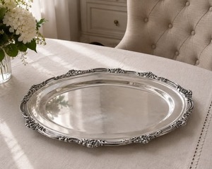 ถาดเงินทรงกลมพร้อมลายดอกไม้สลักประณีต ดีไซน์แบบดั้งเดิม ขอบมีกรอบ - Product Image 6