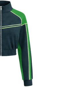 Green Dark Women Cropped Track <b>Jacket</b> <b>Zip</b> <b>Up</b> Sports <b>Jacket</b> Gym Fitness Activewear Contrast Stripe Training <b>Jacket</b> Manufacturer - Product Image 4