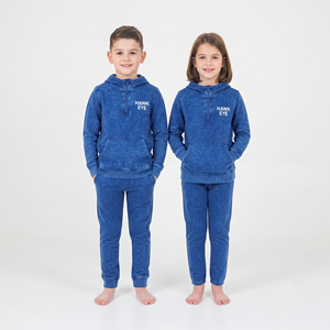 Conjunto Deportivo Informal Unisex de Algodón con Capucha y Media Cremallera, Lavado Ácido, Color Azul Sólido, Ajuste Regular, Estampado Personalizado para Niños - Product Image 4