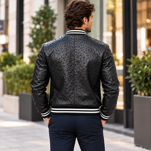 Blouson de baseball de luxe pour homme en cuir noir, motif grain d'autruche, poignets côtelés et fermeture éclair sur le devant, vente en gros, vêtements d'extérieur d'hiver - Product Image 5