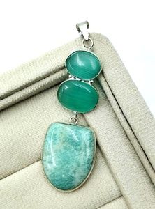 Pendentif artisanal en argent sterling 925 avec amazonite naturelle et œil de chat vert, bijoux bohèmes en pierres précieuses - Product Image 5