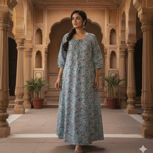 Vestido Maxi Verde Azulado con Cuello Fruncido y Mangas Largas, Vestido de Verano Boho de Algodón, Vestido Elegante para Vacaciones con Vista a la Montaña - Product Image 5