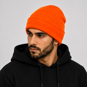 Bonnet unisexe en tricot orange 100 % acrylique, couleur unie, style décontracté, chaud pour l'hiver, pour adultes, taille 56-58 cm, style urbain, broderie - Product Image 3