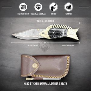 Personalized Handmade <b>Copper</b> Damascus Artistic Fish Folding Pocket Knife Collectible EDC Multi-Functional Camping Hunting Knife - Product Image 3