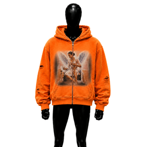 Sweat à capuche zippé graphique ORANGE ANGEL, coupe oversize, streetwear, décontracté, respirant, en molleton bouclette 320 g/m², impression par sublimation VIN - Product Image 1