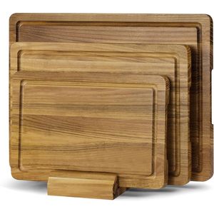 Set di 3 Taglieri in Legno di Teak Massiccio per Cucina con Scanalatura Profonda per Succhi e Supporto per Tagliere - Product Image 1