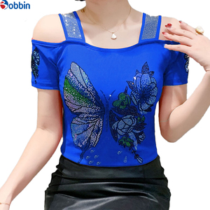 Camisetas de Verano con Logotipo Personalizado, Adorno de Mariposa con Pedrería, Transpirables, de Manga Corta, Cuello Cuadrado, para Niñas - Product Image 5