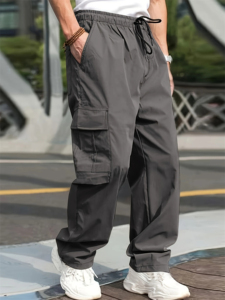 Pantalon cargo ample pour homme, couleur unie, coupe ample, multi-poches, fermeture à cordon, 100% coton, séchage rapide, respirant, élastique - Product Image 4