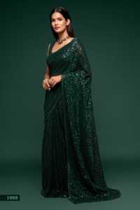 Sari de Georgette Verde Oliva al por Mayor con Lentejuelas Completas y Bordados, Traje Tradicional Indio de Lujo para Cóctel, Fiesta y Boda - Product Image 3