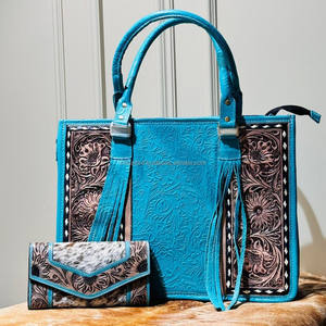 Sac fourre-tout large turquoise en cuir gaufré usiné à la main et portefeuille occidental en cuir de vachette pour femmes Meilleure vente - Product Image 2