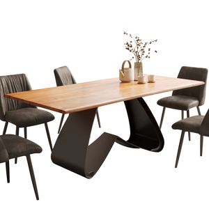 Table de salle à manger en bois d'acacia massif naturel avec plateau à bords bruts et base en métal en forme de W avec finition noire mate, idéale pour la maison, la cuisine ou le restaurant - Product Image 2